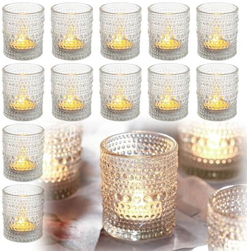 Porte Bougeoir Photophore Verre Transparents: 12 Pièces Photophore Bougeoir en Verre, Bougeoirs en Verres avec Motif à Pois en Relief, Bougeoirs en Verres pour Décoration Table Mariage Fête Dîner