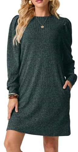 PrinStory Abito da donna a maniche lunghe, per il tempo libero, girocollo, con tasche, autunno, inverno, verde scuro, XL
