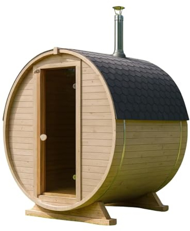 Gardj Fasssauna Garten Outdoor Sauna aus nordischer Fichte – Verschiedene Größen (2–6 Personen) – Wahlweise mit Holz- oder Elektroofen – Inkl. Zubehörset (180 cm, Runde, Holzofen)