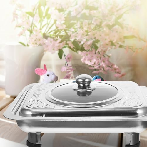 SHINEOFI Plateau Rectangulaire Inox pour Buffet avec Antidérapants et Couvercle Transparent Support Alimentaire Stable pour Cantine et Fête