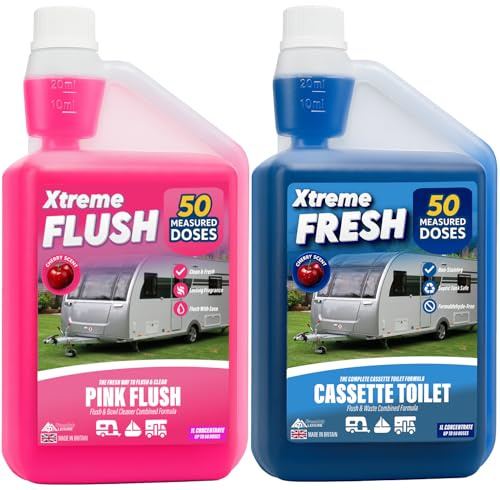 Xtremeauto Toilet Fluid for Caravan, Motorhome & Camping – Blue Waste, Pink Flush & Green Rinse – Built-In Measuring Lid