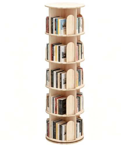 Wumagin Bücherregal Kinder, Massivholz Drehbares Bücherregal mit 5 Ebenen, 360-Grad-Display bodenstehendes Lagerregal, Multifunktionaler Bücherregal-Organizer für Wohnzimmer, Home Office