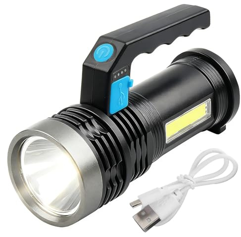 DUPELEC Lampe torche LED rechargeable par USB, super lumineuse avec 4 modes d'éclairage (fort/faible/stroboscopique/COB), étanche IP65, lampe de poche de camping, lampe de poche super lumineuse