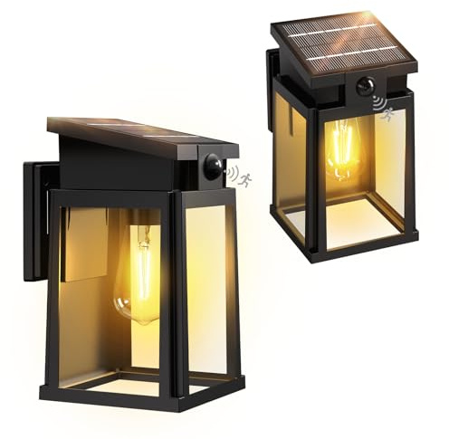 GOODEA 2er Set E26 Kabellose Veranda Solar Außenlampe mit Bewegungsmelder | 2500mAh Akku,2 Beleuchtungsmodi,IP65 Wasserdicht,Wand Solarlampe Aussen für Eingang Garage Terrasse Hof