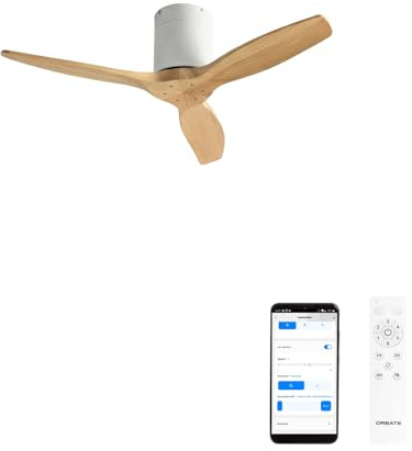CREATE / WINDCALM S/Ventilatore da soffitto ABS bianco pale effetto legno chiaro con Wifi e telecomando / 40W, Silenzioso, Ø112 cm, 6 velocità, funzione estate-inverno