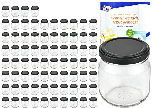MamboCat 75er Set Rundgläser 212 ml nieder Deckelfarbe schwarz to 66 inkl. Diamant Gelierzauber Rezeptheft, Marmeladengläser, Einmachgläser, Einweckgläser, Gläser