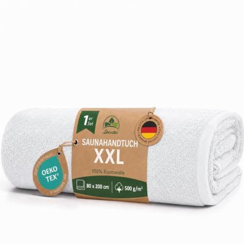 leevitex Saunahandtuch XXL 80x200 cm, 500 g/m², 100% Baumwolle, Badetuch | Flauschig & saugstark · OEKO-TEX zertifiziert · 100% Baumwolle, 500 g/m² Premium-Frottee, Weiß