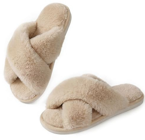 Ankis Women Slippers Camel Fluffy Slippers Memory Foam, Cross Band Furry Open Toe Slippers Cozy Plush Home Shoes Indoor Outdoor Anti-Slide Slipper