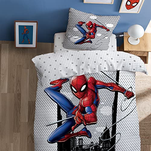 SPIDERMAN Hero Parure de Lit Enfant | 100% Coton | OEKO-TEX | Housse de couette 140x200cm + 1 Taie d'oreiller 63x63cm | Imprimé Garçon | Gris