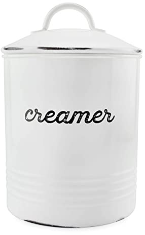 AuldHome Design Enamelware White Creamer Canister; Rustic Distressed Style Coffee Accessory Storage for Kitchen