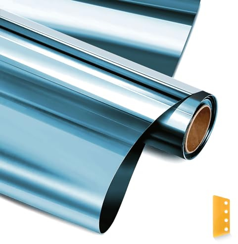 Pellicola Specchio Protezione Solare, NEEMOSI Pellicola Oscurante per Vetri Finestre, Pellicola di Protezione Della Privacy e dei Raggi UV,Pellicola Specchio per Vetri(Blu-Argento,90 * 200cm)