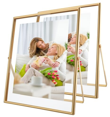 AhaGo Gold Floating Frame, 8×10, Set of 2, Vertical, For Picture 7x9, 6x8, 5x7, Tabletop Shelf Photo Frames, Classy for Mother Day, Wedding or Birthday