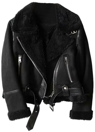 PengGengA Giacca Corta da Donna in Faux Suede Caldo Fleece Giacca da Moto Cappotto invernale foderato in pile Faux - Nero, XS