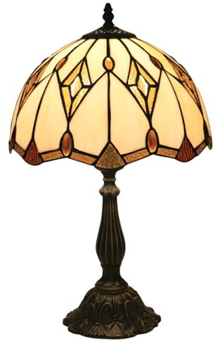BOTOWI Barock Tischlampe 19hoch Creme Glasmalerei Lampe Tiffany Schreibtisch Licht Vintage viktorianischen Beige Gold Raute Nachtlicht Nachttisch Lesen Beleuchtung für Schlafzimmer Studie,Alloy base