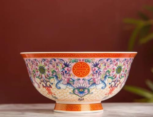 Bol en céramique, bol à soupe, bol à riz en porcelaine de style palais ancien chinois, bol à bouillie, bol à soupe 15,8 cm 6 pouces, bol en poterie de couleur émaillée, bol Shou personnalisé de haute