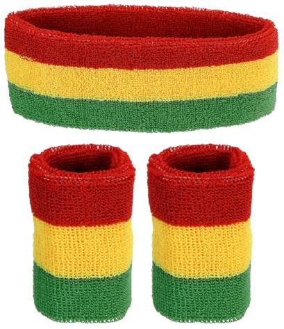 PATIKIL Sports Bracelets Bandeau Ensemble, 7x8cm Coton Éponge Tissu Athlétisme Absorbant Bandeau 18x6cm Bandeau pour Tennis Basketball Courir, Rouge Jaune Vert (1 Bandeau & 2 Bracelets)