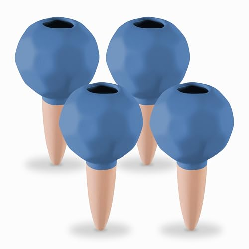 Relaxdays Set 4 Conos de Riego, Picos de Autorriego Ø 6cm, Dosifican el Agua, Regadores 60 ml, Arcilla, Terracota/Azul, Cerámica