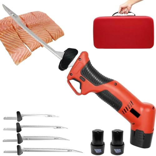 HLGKBY Cuchillo eléctrico inalámbrico para Filete de Pescado, Cuchillo eléctrico inalámbrico para filetear Pescado/Pesca al Aire Libre con 4 Cuchillas alternativas antiadherentes recubiertas