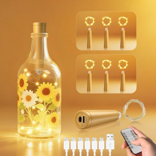 Ymenow Catena di luci per bottiglie in sughero, 6 pezzi USB per bottiglie con timer, telecomando, catena luminosa interna per bottiglie fai da te, Natale, Halloween, feste (bottiglia non inclusa)
