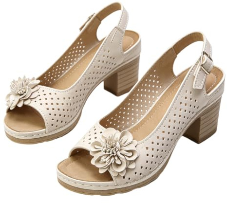 Dam Blockklack Sandaletter Öppen Tå Blommönster Slingback | Äkta läder, memory foam, fotvalvsstöd, breda, blommönster