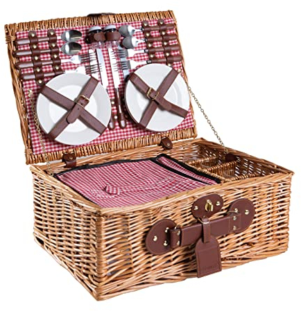 eGenuss Weidengeflecht Picknickkorb für 4 Personen mit Kühlfach & Picknick Zubehör – Geschirr, Besteck, Weingläser – Geschenkidee für Camping, Outdoor & Familie – ROT