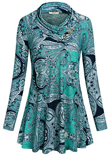 Miusey Long T Shirt for Women, Ladies Cowl Neck Blouses Long Sleeve Tunic Plus Size Knitted Daily Wear Lightweight Soft Maternity Waterfall Drapey Flattering Tops for Juniors Paisley Blue XL