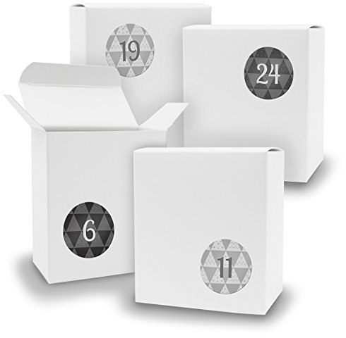 DIY itenga Adventskalender Set V07 zum Selberbefüllen 24x Schachtel in Quader-Form WEISS + ZahlenSticker (Motiv Z25 Retro Grautöne)