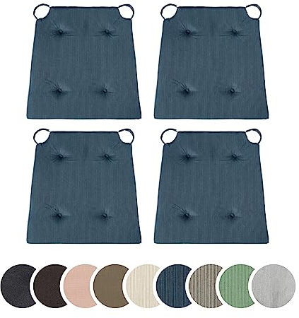 sleepling 4er Set Stuhlkissen, Sitzkissen für Indoor und Outdoor, mit Klettverschluss, 100% Baumwolle, Made in EU, Maße: 42 (vorne) 35 (hinten) x 40 x 5 cm, dunkelblau