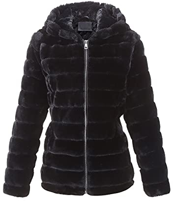 BELLIVERA Damen Kunstpelz Zotteliger Mantel Herbst Winter Warme Mode Lange Ärmel Reißverschluss Kurz Kapuze Jacke 1801 Schwarz XXL