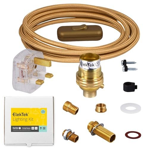 Kit de lámpara Premium Latón sin conmutar B22 Soporte de lámpara con redondo dorado Flex, interruptor en línea y enchufe 3A Reino Unido