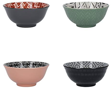 KitchenCraft Juego de cuencos para cereales en caja de regalo, 4 cuencos de cerámica ideales para helado, sopa y más, diseños Designed For Life, 15 cm