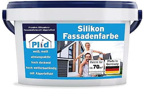 Plid® Silikon Fassadenfarbe Weiss Aussen matt 10L - für Beton, Mauerwerk, Kellerwand, Fassade & Sockel - Wandfarbe Weiß 10l - Aussenfarbe Weiss wetterfest - Außenwandfarbe - Aussenfarbe Fassade