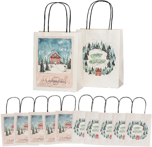 100% Mosel Geschenktüten Weihnachten, mit Aquarellmotiv, 12 Stück | Weihnachtstaschen (18 x 23 x 9 cm) aus baumfreiem Naturpapier, Geschenkverpackung im Skandilook