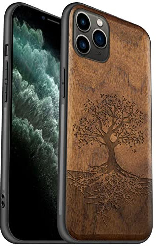 Carveit Coque pour iPhone 11 Pro Max [Élégant Noyer] [Pare-Chocs en TPU Souple] Coque de téléphone Antichoc Compatible avec 11ProMax Coques en Bois (Arbre avec des Racines)