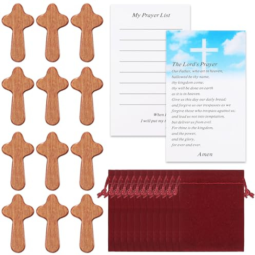 Queekay 90 Pack Mini Wood Holding Hand Crosses with Velvet Bags Prayer Cards 2.56 Inches 30 Pieces Small Pocket Hand Cross Holding Cross Caring Cross Christian Gift Church Christmas
