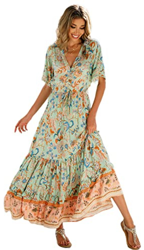 R.Vivimos Women Summer V Neck Floral Boho Maxi Dress | Short Sleeve,Button Up,Tie Waist,A Line,Tiered,Ruffle Hem,Flowy,Casual,Beach,Vacation,Hawaiian,Parties,Long Dresses