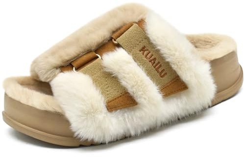 KuaiLu Womens Fuzzy Platform Open Toe Slipper with Comfort Arch Support Fluff Furry Sliders Orthotic Faux Rabbit Fur Sandal Indoor Outdoor Fashion Casual Beige Size 7
