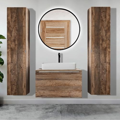 Lomadox Badmöbel Set 4 -teilig Vintage Oak Eiche Badezimmer Komplettset: LED-Spiegel, Waschtisch mit 80cm Unterschrank, 2 Hochschränke