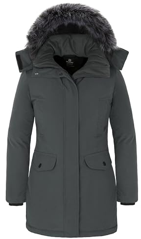 Wantdo Giacca Invernale Imbottita Calda Parka con Pelliccia Sintetica Esterno Giaccone da Lavoro Antivento Giacca Pesante Donna Grigio M