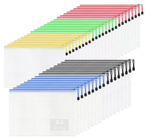 MIVIDE 40 Stück Dokumententasche A4, Dokumentenmappe Reißverschluss Wasserdicht, 5 Farben Dokumententasche Reißverschluss a4 für Dokumente, Quittung, Papier, Schreibwaren (34 x 24 cm)