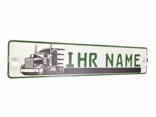 LKW Truck Fahrerschild Schild Namensschild mit Name oder Text Funschild Fun Schild Wunschtext AUTO Trucker Car Grün, Geburtstag Geschenk