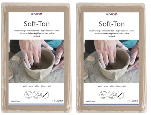 GLOREX 6 8075 201 - Soft Ton weiß 1000 g, natürlicher, besonders weicher und geschmeidiger Ton, lufthärtend und für Brennofen geeignet, sehr gut für Kinder geeignet (Packung mit 2)