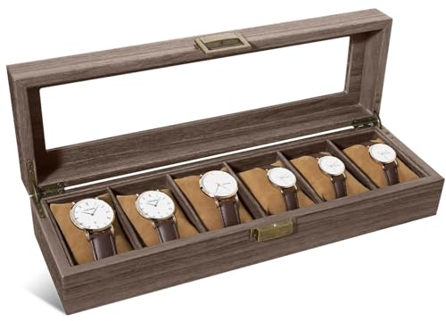 CeiBand klocklåda trä med 6 fickklockor, displaybox förvaringslåda klocklåda klockkudde klockkista PU-läder för glaslock klockor förvaring bra present till de nära och kära (39 x 12 x 8,5 cm)