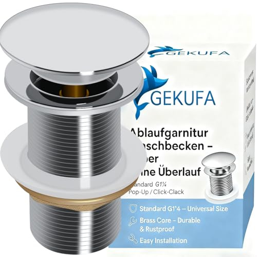 Ablaufgarnitur Waschbecken Ohne Überlauf Silber | Pop Up Click-Clack Ablaufventil G1¼ Standard, Edelstahl mit Messingkern, Rostfrei, Einfache Reinigung