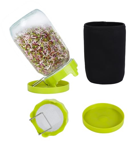 Sozize Sprouting Kit Sprouts Growing Kit 34oz Wide Mouth Seed Sprouting Jar Germination Kit 304 Stainless Screen Lid and Stand Blackout Sleeve Tray for Growing Bean Alfalfa Sprout Seeds