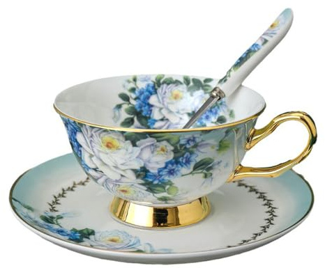 HUAMu Juego de taza y platillo de porcelana inglesa de estilo europeo para té, café, desayuno y cocina, flores moradas (azul)