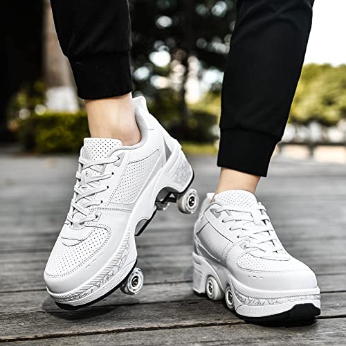 Rollschuhe für Kinder, verstellbare Rollerskates für Mädchen, Quad-Skates-Deformationstrainer für Erwachsene und Anfänger, Turnschuhe mit unsichtbarem Rad für Jungen (Weiß, EU 42)