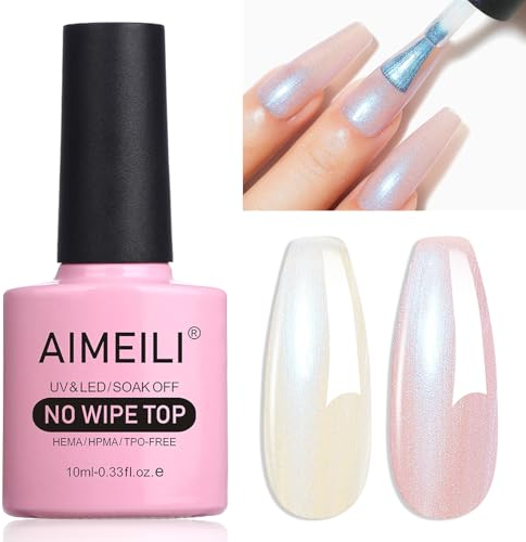AIMEILI Esmalte de gel 2 en 1 con purpurina perla, esmalte Aurora con capa superior brillante, no se limpia con LED UV, acabado cromado