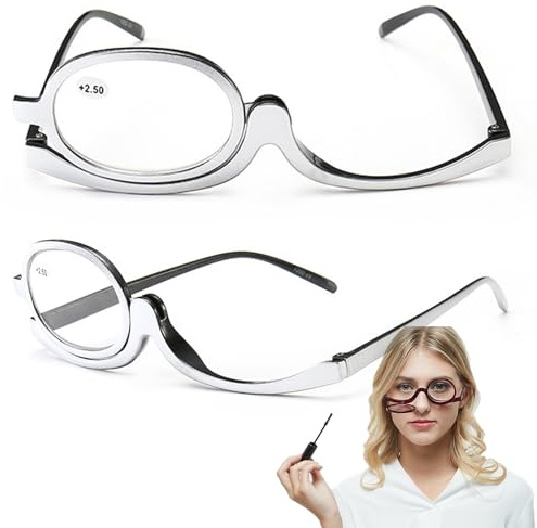 DouxiE Vergrößerungs-Make-up-Brille, rotierende Make-up-Brille, Make-up-Lesebrille, Damen-Make-up-Brille, Lesebrille, Make-up-Brille mit hochklappbarer Linse (Color : Silver, Size : 350)