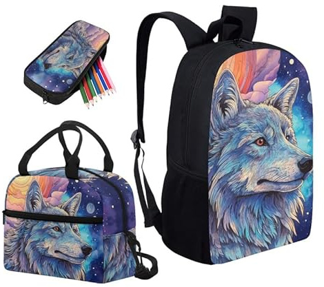 Kuiaobaty Colorful Paint Wolf Girls Backpack Set 3-in-1 Handle Lunch Bag Pencil Case, Vivid Wolves Print Kids School Bag Casual Rucksack